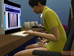 Chinese step son screws Asian mama following his gamer son berth and watching tv and son watching porn clips masturbating next to her